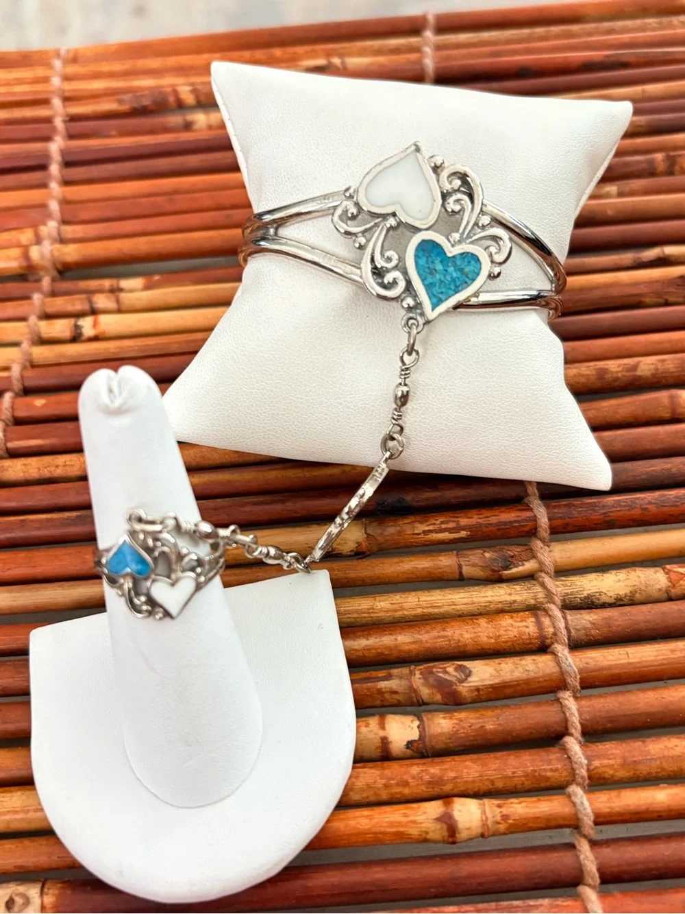 Silver Tone Heart Bracelet Faux Turquoise and Ring Size 7